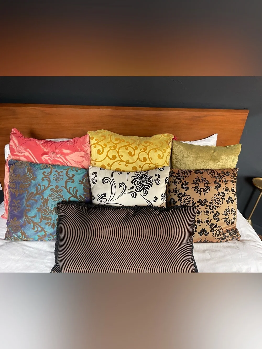 Blue Damask Decorative Pillow with Gold Pattern
